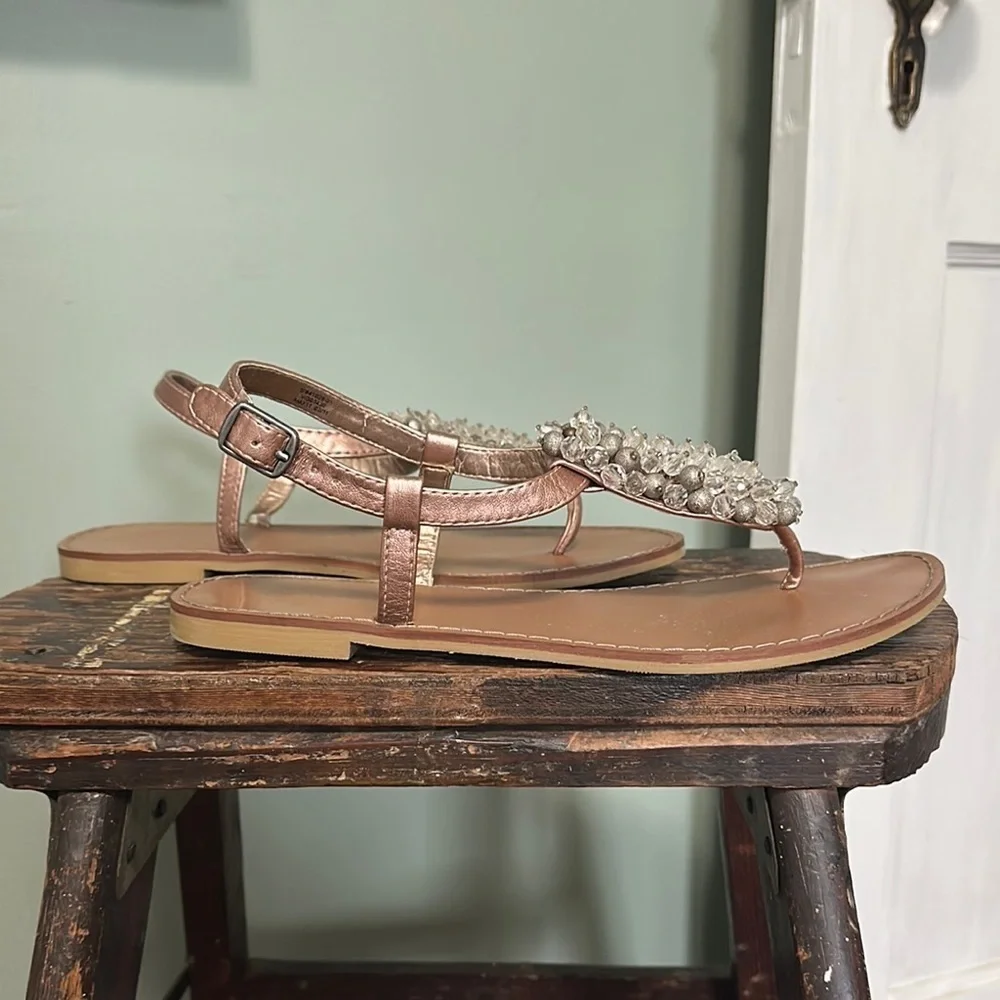OLD NAVY Elegant Crystal Embellished Rose Gold Faux Leather T-Strap Sandals
